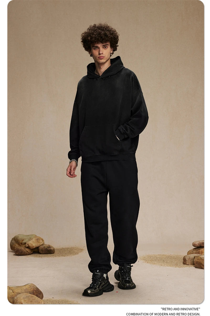 ZODF Retro Men's Heavyweight Gradient Washed Hoodies Unisex Loose Distressed Holes 450gsm Knitted Hooded Pullovers HY0891