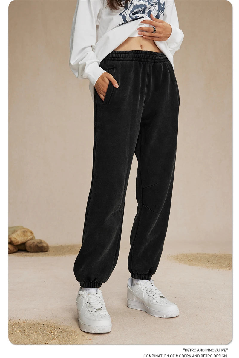 ZODF Retro Winter 360gsm Batik Washed Fleece Sweatpants Unisex Loose Drawstring Warm Joggers HY0714