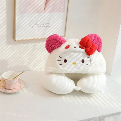 Stuffe Anime Hooded U-shaped Neck Pillow Hello Kitty Kuromi My Melody Travel Blackout Neck Pillow Office Nap Pillow Girl