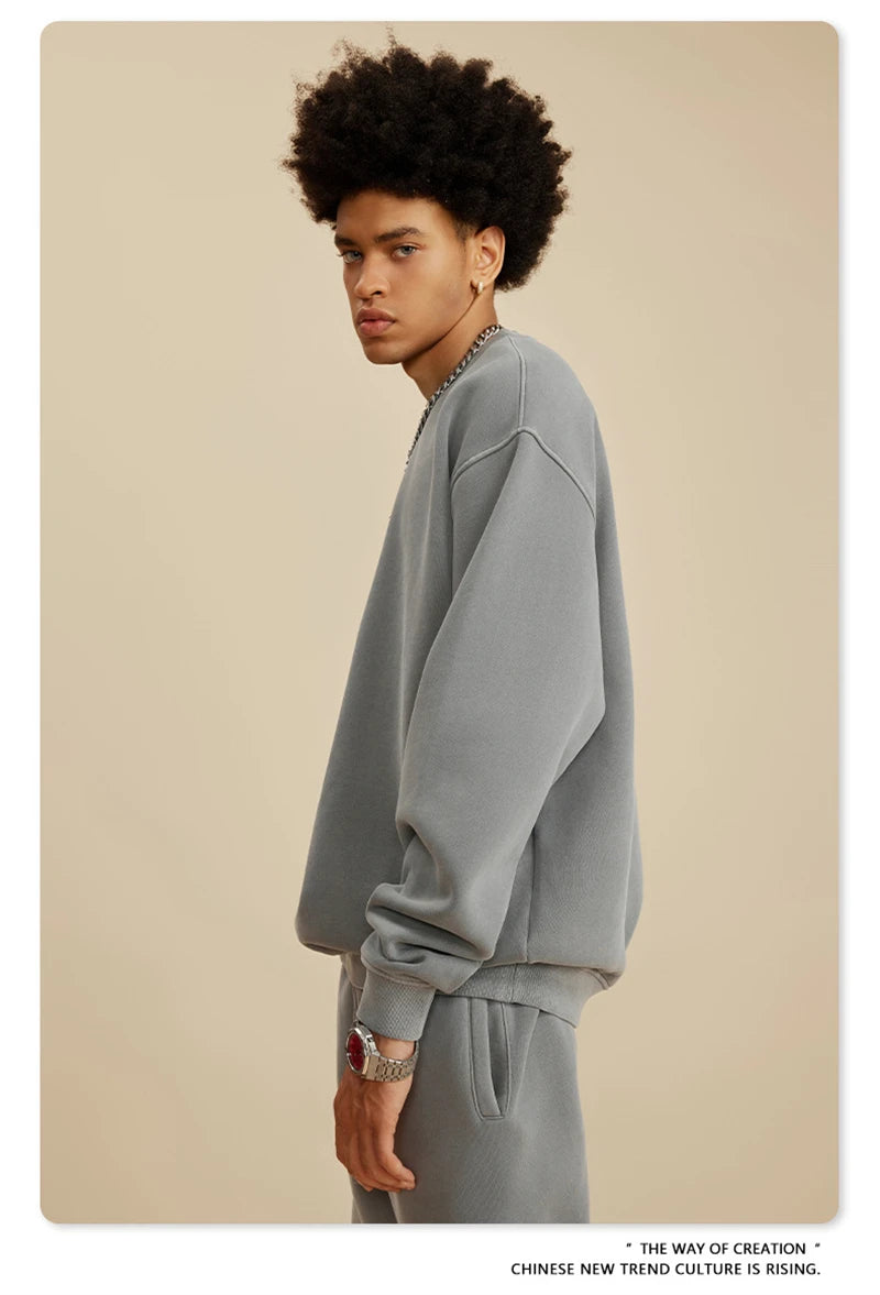ZODF New Men Winter 355gsm Washed Fleece Sweatshirts Retro Unisex Oversized Solid O-Neck Warm Pullovers Coat Streetwears HY0639