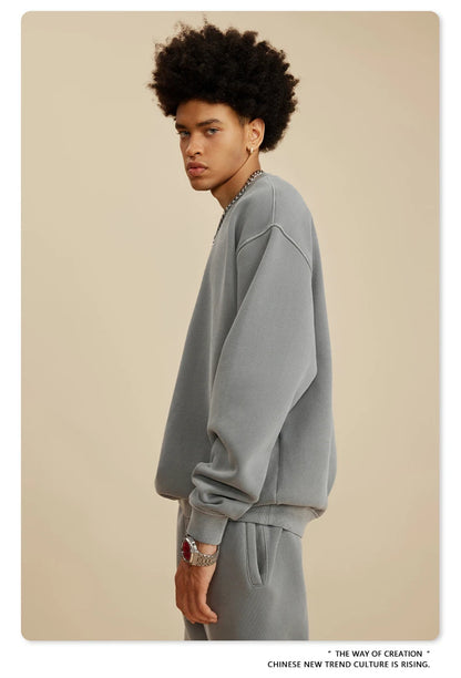 ZODF New Men Winter 355gsm Washed Fleece Sweatshirts Retro Unisex Oversized Solid O-Neck Warm Pullovers Coat Streetwears HY0639
