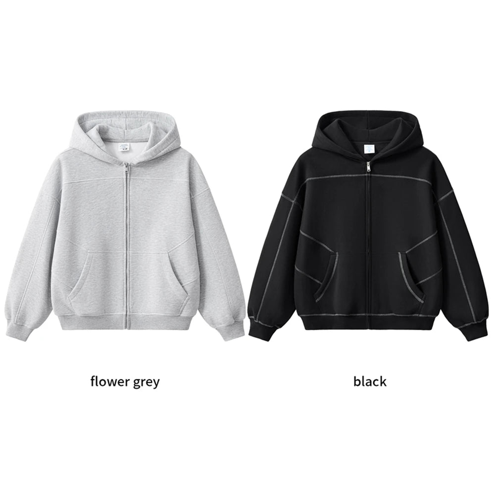 ZODF New Winter 350gsm Man Fleece Boxy Fit Zipper Hoodie Unisex Hip Hop Solid Warm Hooded Coat Brand Jackets HY0034