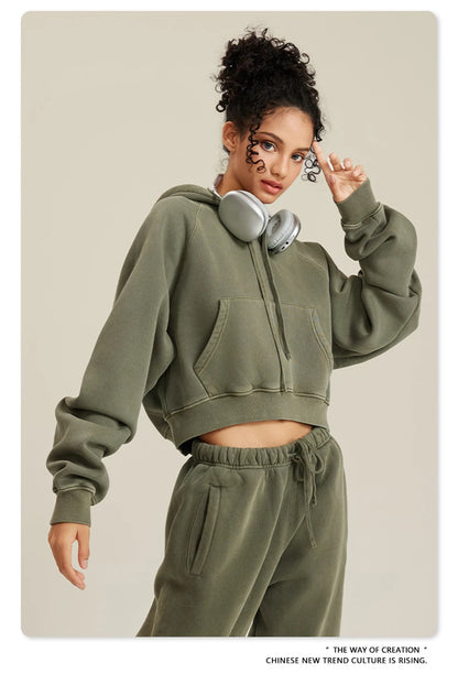 ZODF Women Hotsweet 2025 Winter Washed Fleece Crop Hoodies Girls Oversized Raglan Sleeve 400gsm Hooded Pullovers HY0648