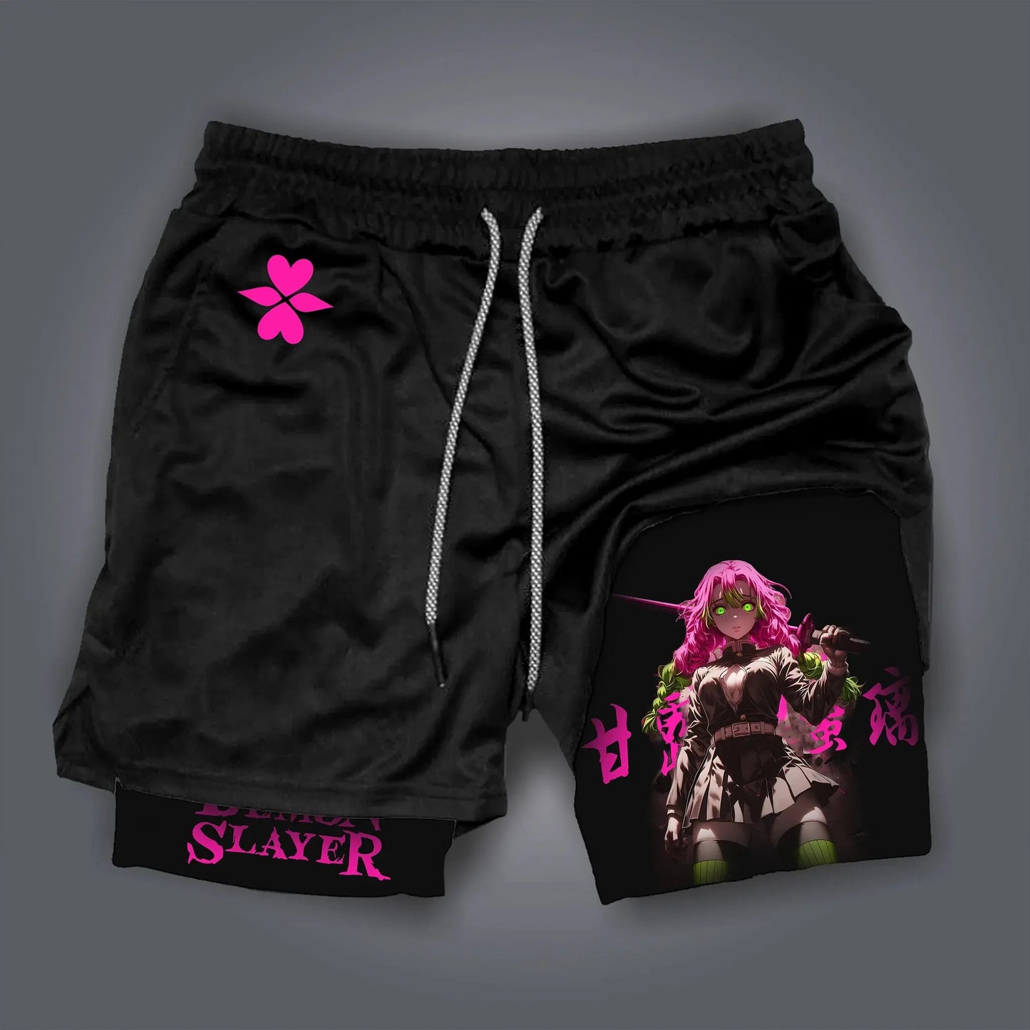 Summer Quick Dry Gym Shorts Man Demon Slayer Fashion Anime Print Double-layer Pants Streetwear Sportswear Fitness Beach Pants