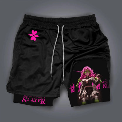 Summer Quick Dry Gym Shorts Man Demon Slayer Fashion Anime Print Double-layer Pants Streetwear Sportswear Fitness Beach Pants