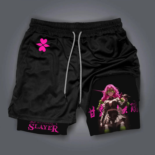 Summer Quick Dry Gym Shorts Man Demon Slayer Fashion Anime Print Double-layer Pants Streetwear Sportswear Fitness Beach Pants
