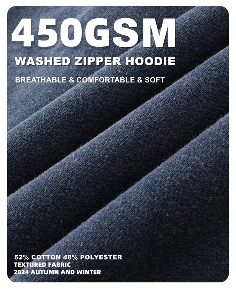 ZODF Retro Men's Heavyweight 450gsm Zipper Hoodies Unisex Loose Distressed Washed Batik Knitted Hooded Coat Jacket HY0889