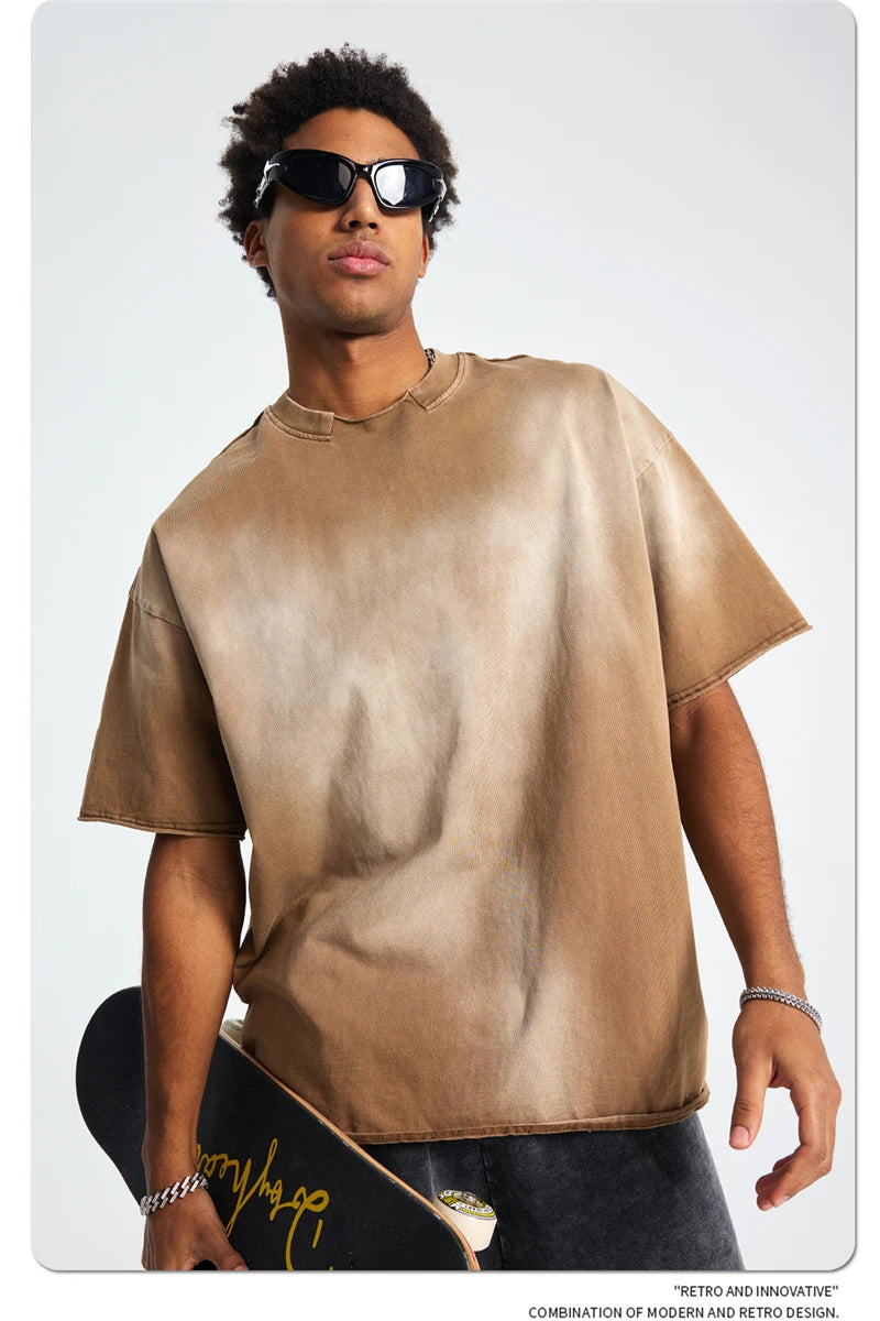 ZODF Retro Summer Men Washed 100% Cotton T-Shirts Unisex High Street Oversized Distressed Broken Neck T Shirt Brand Tees HY1050