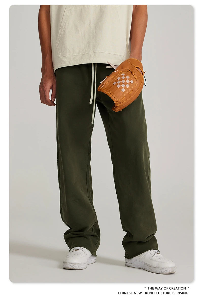 ZODF 2023 Spring Men 380gsm Washed Cotton Pants American Retro Unisex Loose Edge Oversized Straight Trousers Streetwears HY0537