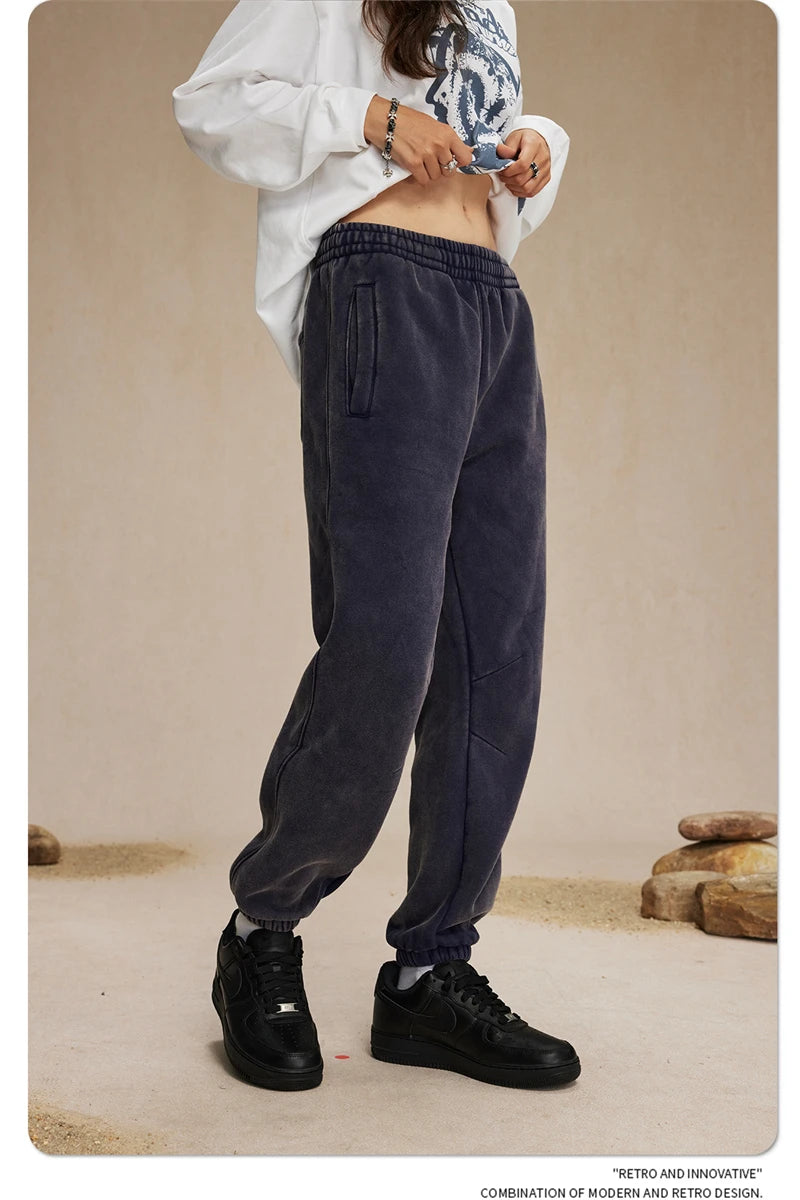 ZODF Retro Winter 360gsm Batik Washed Fleece Sweatpants Unisex Loose Drawstring Warm Joggers HY0714