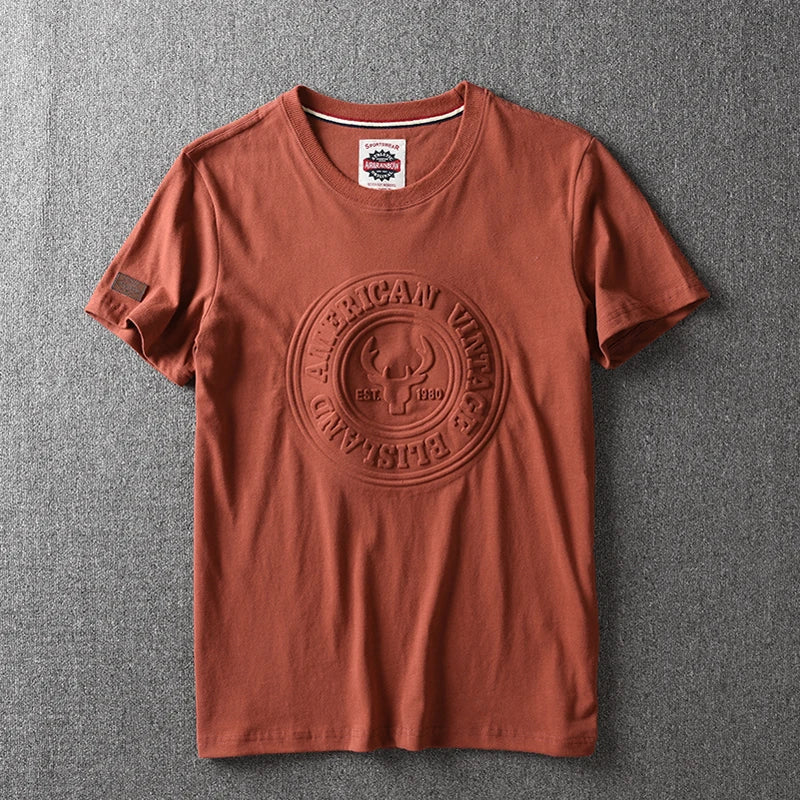 2025 Summer New American Retro Short-sleeved O-neck 3D Letter Printed T-shirt Men's Fashion 100% Cotton Washed Casual Sport Tops