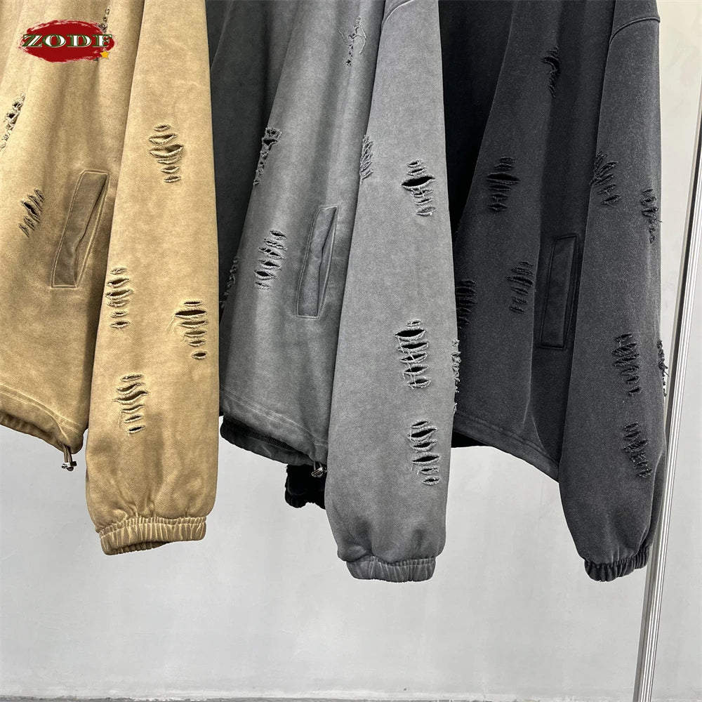 ZODF Vintage Winter Men Distressed 450gsm Hoodies Unisex High Street Ripped Holes Elastic Hem Hooded Pullovers Coat HY0932