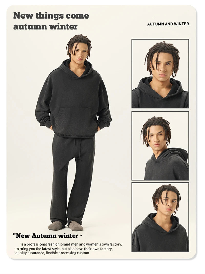 ZODF Retro Winter Men Washed 100% Cotton Boxy Hoodies Unisex Loose Fit Distressed Hooded Pullovers Coats Brand Outfits HY0048