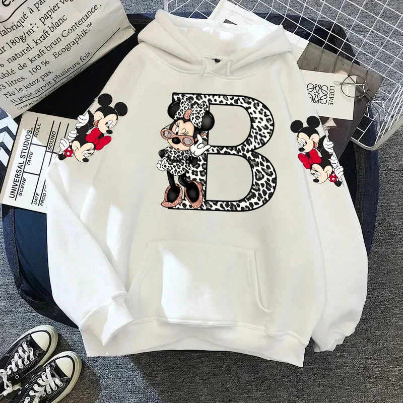 2024 Women's Winter Jacket Cute Kawaii Disney Mickey Mouse Lucky Letters Print White Hoodie Fashion Couple Streetwear Sportswear