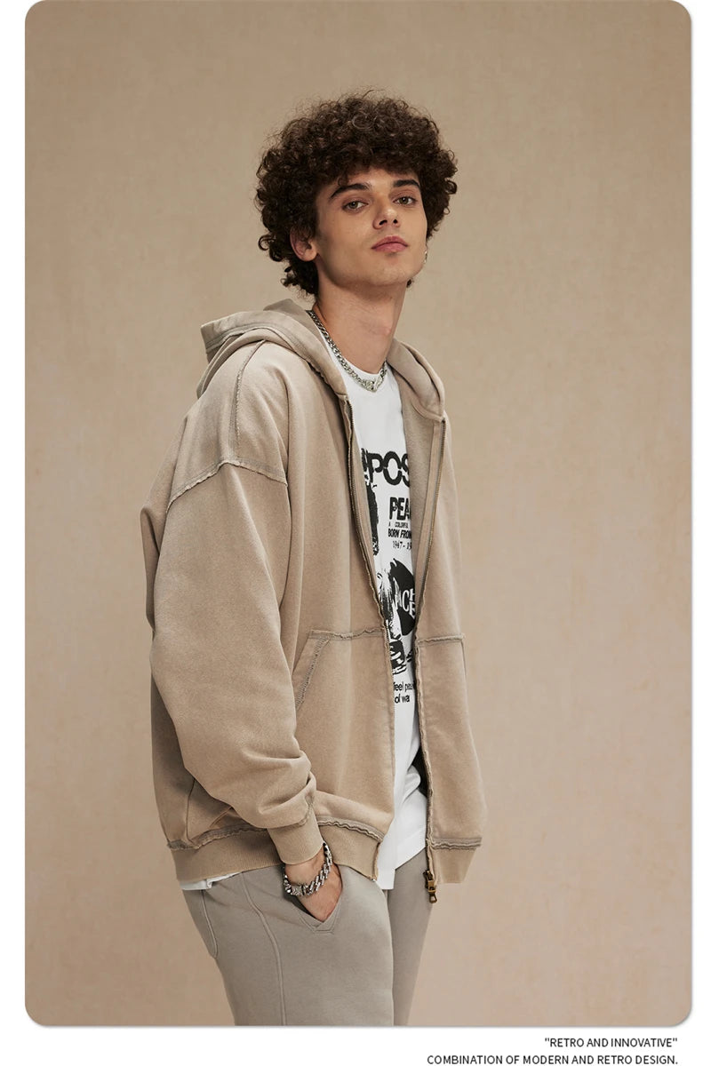 ZODF Retro Men's Heavyweight 450gsm Zipper Hoodies Unisex Loose Distressed Washed Batik Knitted Hooded Coat Jacket HY0889