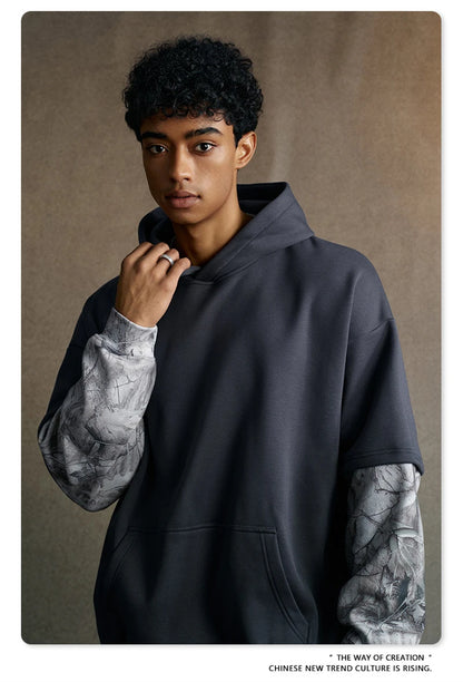 ZODF Fashion Winter Fake 2-Piece 340gsm Fleece Hoodies For Men Unisex High Street Camouflage Sleeve Hooded Pullovers HY1153