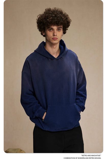 ZODF Retro Men's Heavyweight Gradient Washed Hoodies Unisex Loose Distressed Holes 450gsm Knitted Hooded Pullovers HY0891
