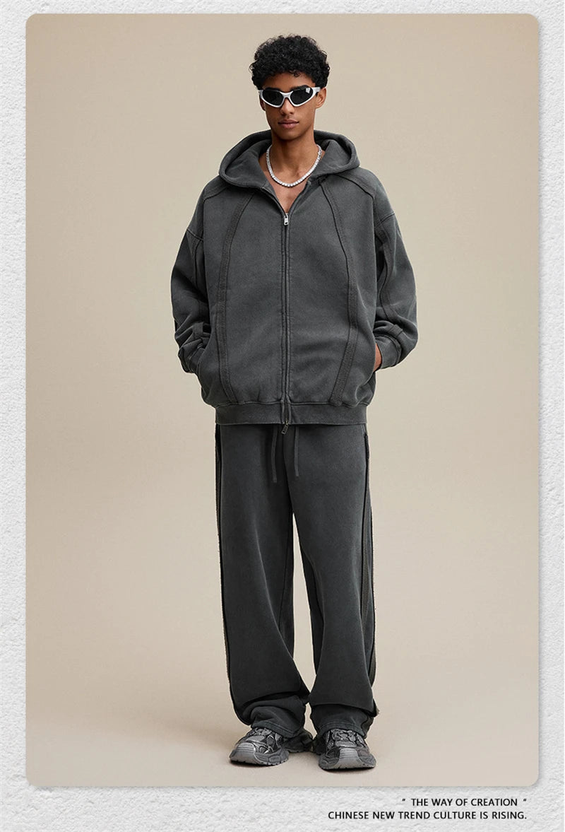 ZODF Vintage Man Winter Washed Fleece Straight Pants Unisex Distressed 360gsm Knitted Warm Trousers Brand Bottoms HY1092