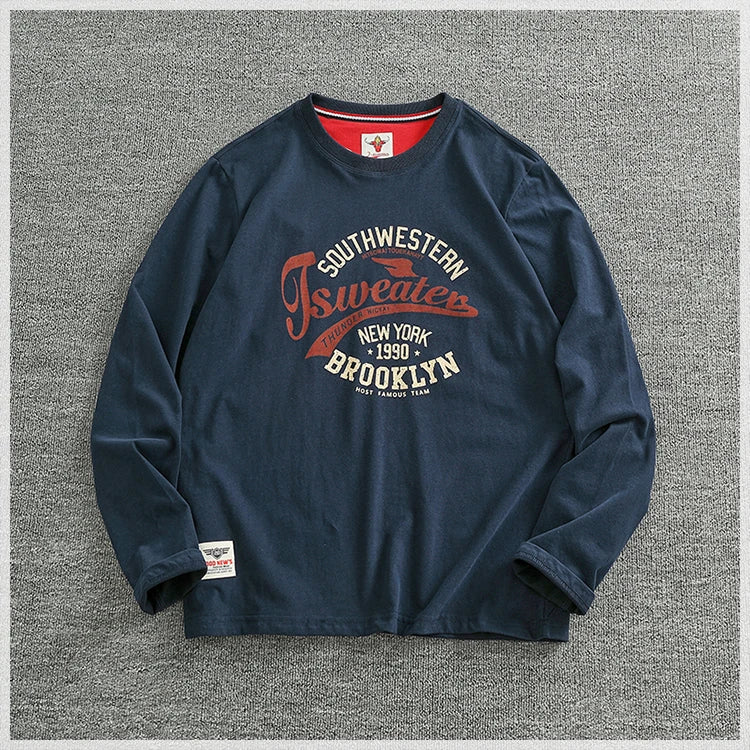 Autumn New American Retro Long-sleeved O-neck Letter Printed T-shirt Men's Fashion Simple 100% Cotton Washed Casual Sport Tops