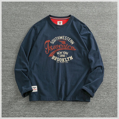 Autumn New American Retro Long-sleeved O-neck Letter Printed T-shirt Men's Fashion Simple 100% Cotton Washed Casual Sport Tops