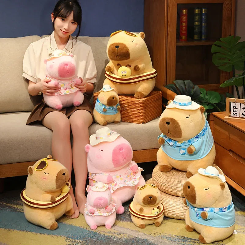 Pink Capybara Plush Toy Stuffed Seaside Beach Dress Blue Shirt Swim Ring Bee Decor Capibara Plushie Boy Hawaii Vacation Style