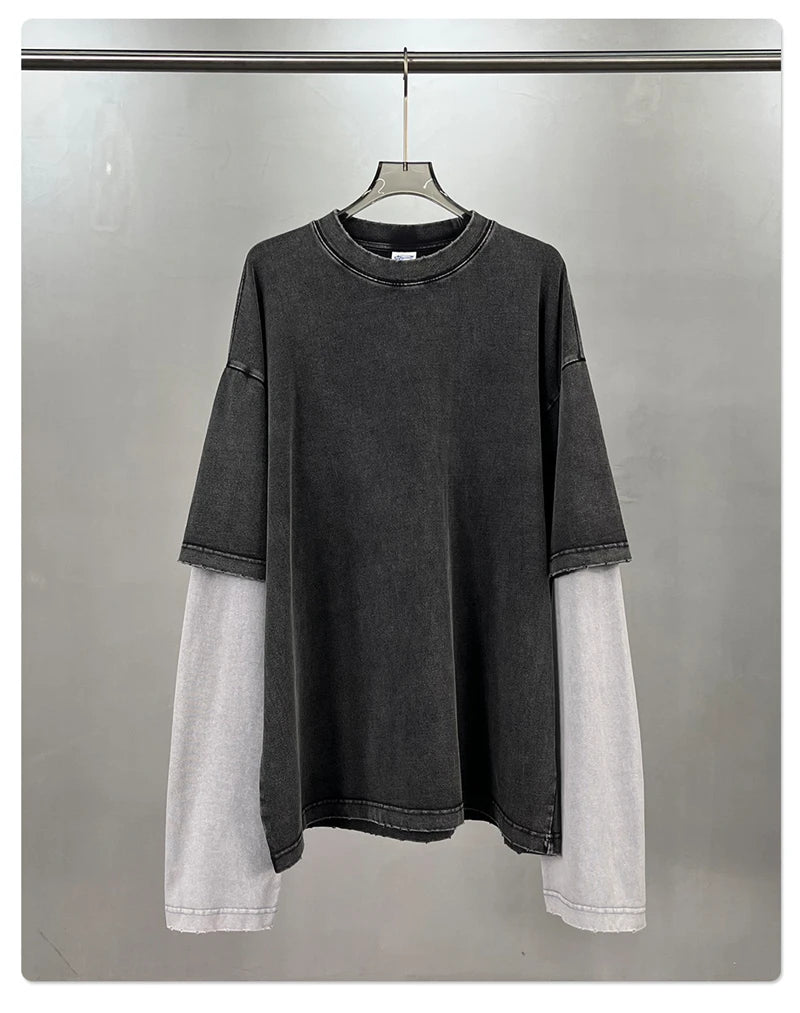 ZODF Retro Fake 2-Piece Cotton T-Shirts For Man Unisex Distressed Full Sleeve Washed O Neck T Shirt Brand Tees HY1156