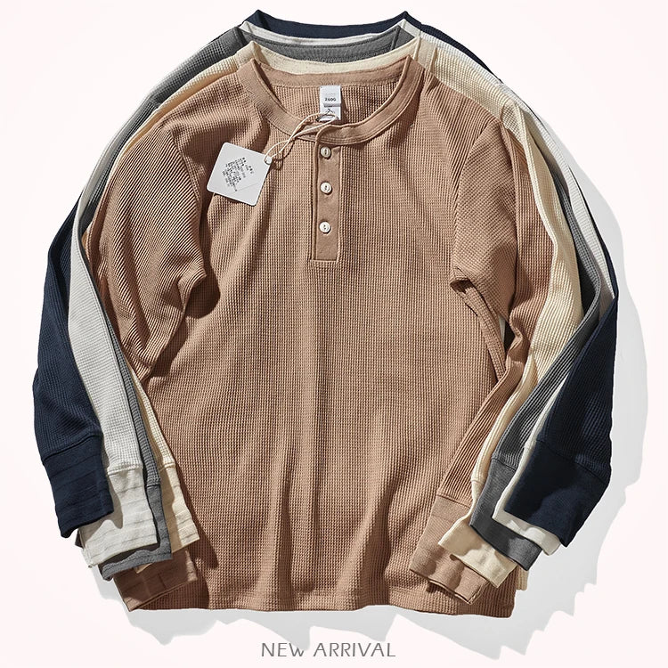 Autumn And Winter New American Heavyweight Retro Men's Waffle Long-sleeved T-shirt Loose Fashion Henley Collar Bottoming-shirt