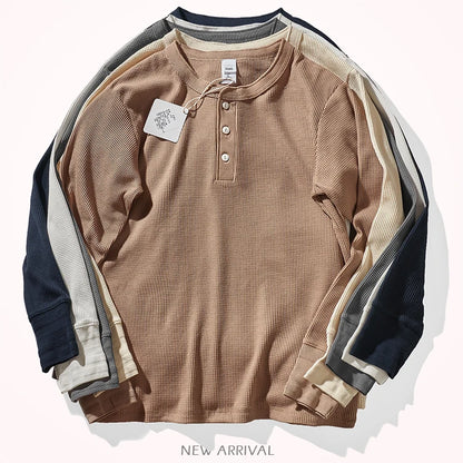 Autumn And Winter New American Heavyweight Retro Men's Waffle Long-sleeved T-shirt Loose Fashion Henley Collar Bottoming-shirt