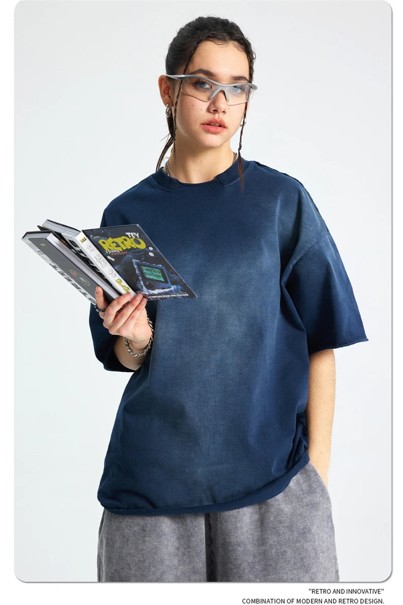 ZODF Retro Summer Men Washed 100% Cotton T-Shirts Unisex High Street Oversized Distressed Broken Neck T Shirt Brand Tees HY1050