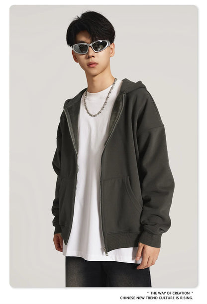 ZODF New Winter Men Zipper Fleece Hoodies Unisex Loose Heavy Weight Thick Warm Basic 420gsm Hooded Coats Hoodie HY0747