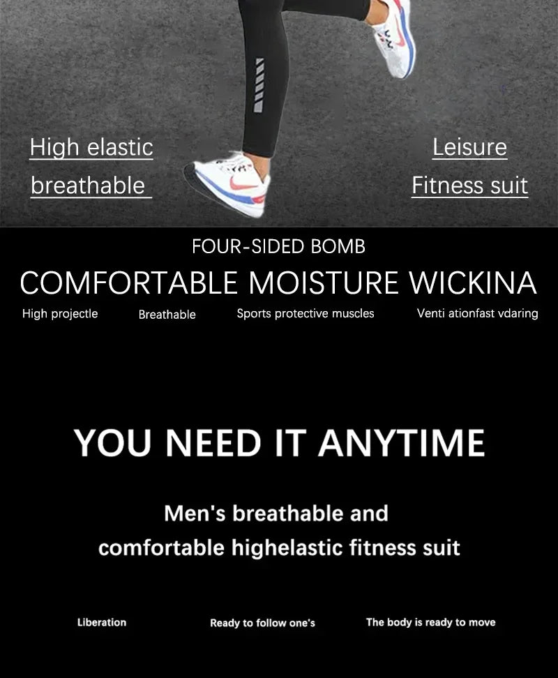 Men’s Sports Suits Fitness Clothes Tight-Fitting Quick-Drying Running Cycling Training Apparel for Autumn Night Workouts