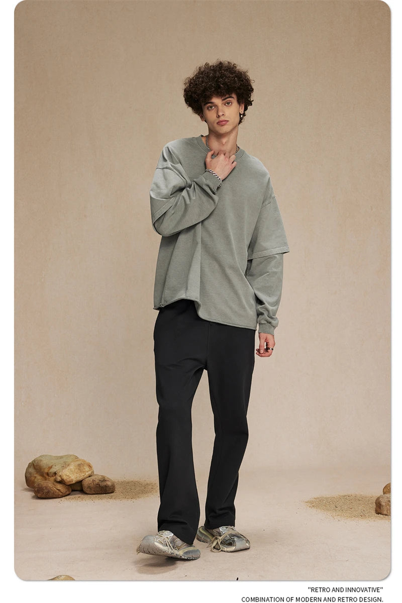 ZODF Retro Autumn Men Washed Cotton T-Shirts Unisex Loose Edge Fake 2-Piece 345gsm Full Sleeve O Neck T Shirt Brand Tops HY0928