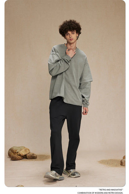 ZODF Retro Autumn Men Washed Cotton T-Shirts Unisex Loose Edge Fake 2-Piece 345gsm Full Sleeve O Neck T Shirt Brand Tops HY0928