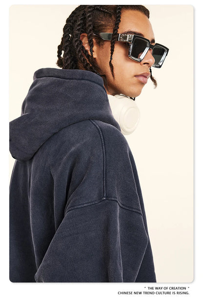ZODF Retro Men’s Winter Washed Fleece Hoodie 360gsm Warm Knitted Loose Hooded Pullover Streetwear HY0887