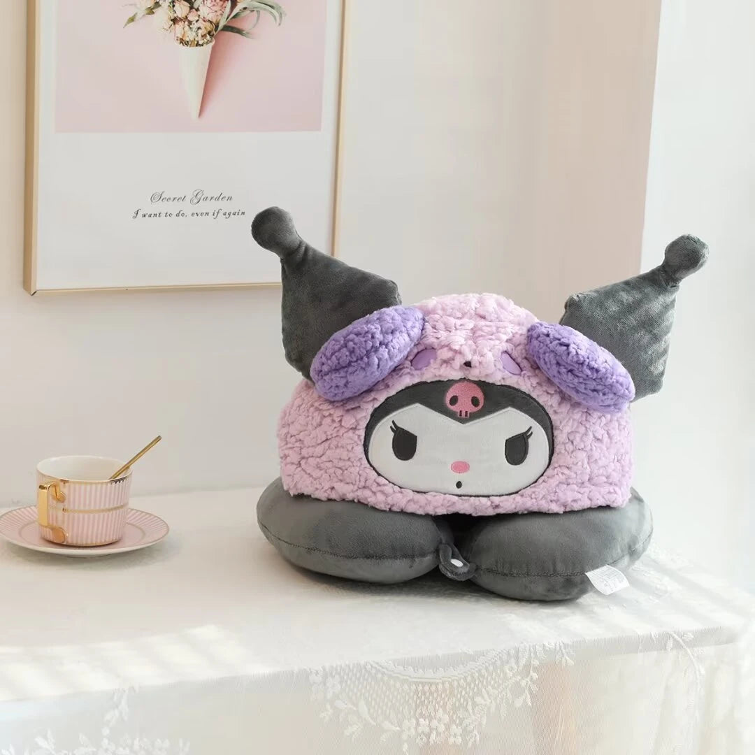 Stuffe Anime Hooded U-shaped Neck Pillow Hello Kitty Kuromi My Melody Travel Blackout Neck Pillow Office Nap Pillow Girl