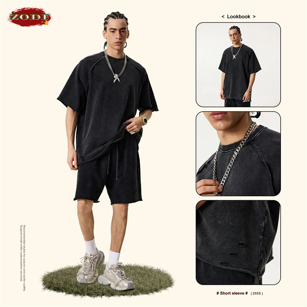 ZODF 2025 Men Summer Heavy Weight Washed 330gsm Cotton T-shirt Unisex High Street Distressed Holes Oversized T Shirts Tee HY0984