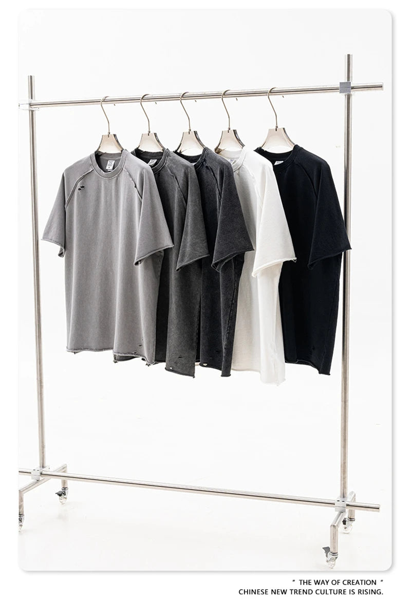 ZODF 2025 Men Summer Heavy Weight Washed 330gsm Cotton T-shirt Unisex High Street Distressed Holes Oversized T Shirts Tee HY0984