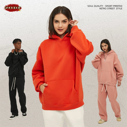 ZODF New Thick 350gsm Fleece Hooded Hoodies For Men Unisex Winter Oversized Loose Basic Solid Sweatshirts Pullovers Coats HY0631