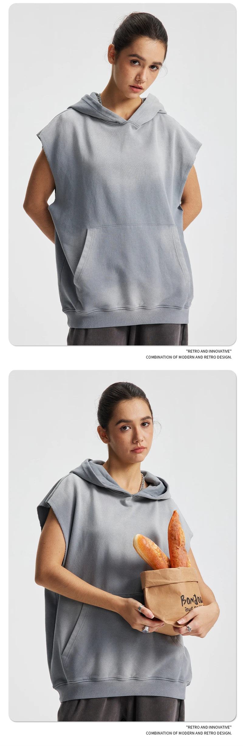 ZODF Summer Autumn Man Washed Sleeveless Hoodies For Men Unisex Loose Edge Distressed 380gsm Cotton Hooded Pullovers HY1097