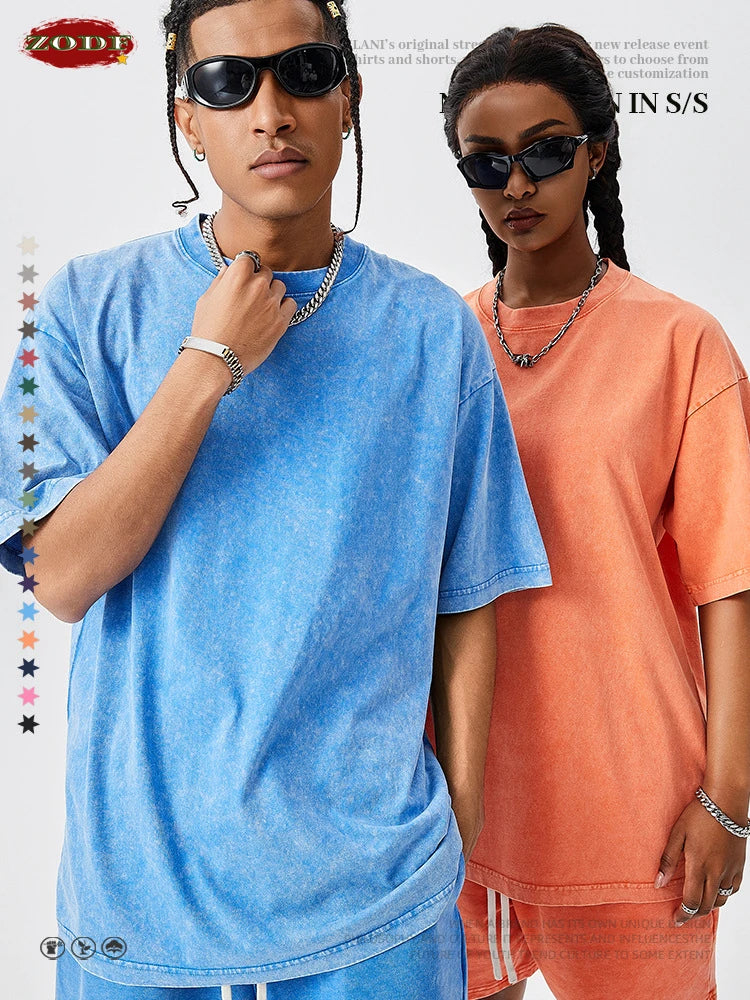 ZODF Men's Summer Batik Washed 250gsm T Shirts Retro Vintage Unisex Basic Loose Solid Cotton T-Shirt Brand Tops 2024 New HY0753