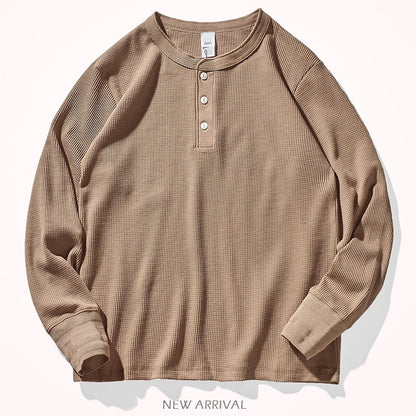 Autumn And Winter New American Heavyweight Retro Men's Waffle Long-sleeved T-shirt Loose Fashion Henley Collar Bottoming-shirt