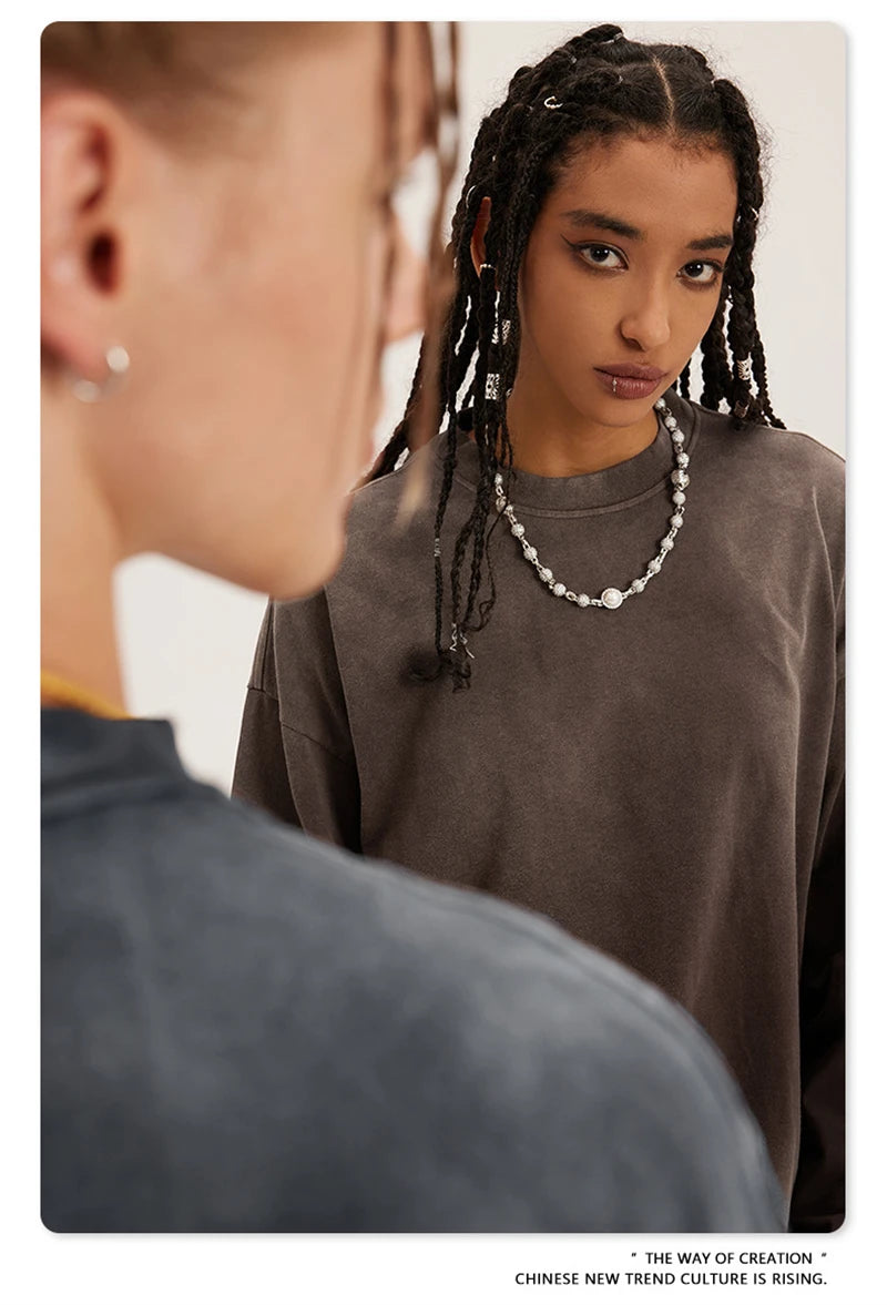 ZODF Retro Monkey Washed 260gsm Cotton T-Shirt For Men Unisex High Street Loose Full Sleeve T Shirt Brand Streetwear HY0406