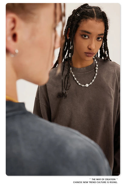 ZODF Retro Monkey Washed 260gsm Cotton T-Shirt For Men Unisex High Street Loose Full Sleeve T Shirt Brand Streetwear HY0406