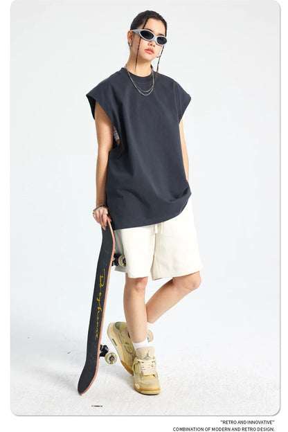 ZODF Trendy Men Summer Solid Cotton Tank Tops Unisex Oversized 275gsm Patchwork Sleeveless Tees Vests HY1051