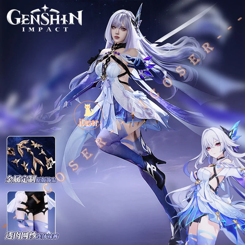 Genshin Impact Skirk Cosplay Costume Wig Dress Uniform Headwear Metal Accessories Festival Halloween Party for Women Girl iCoser