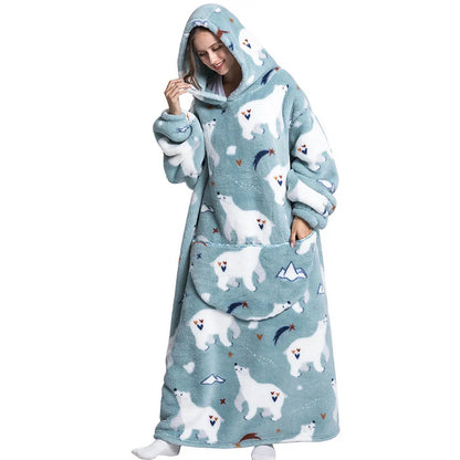 Oversized Blanket Hoodie for Adults Long Women Men Clothes Winter Thicken Fluffy Wearabled Hooded Blanket Warm Flannel Blankets