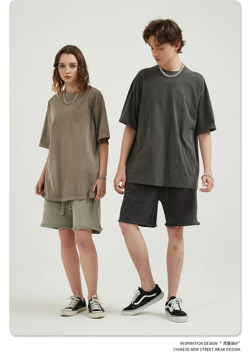 ZODF Men 2024 Retro Summer Washed Solid Cotton T-Shirts Unisex Retro Loose High Street 250gsm Basic Tees Streerwears HY0075