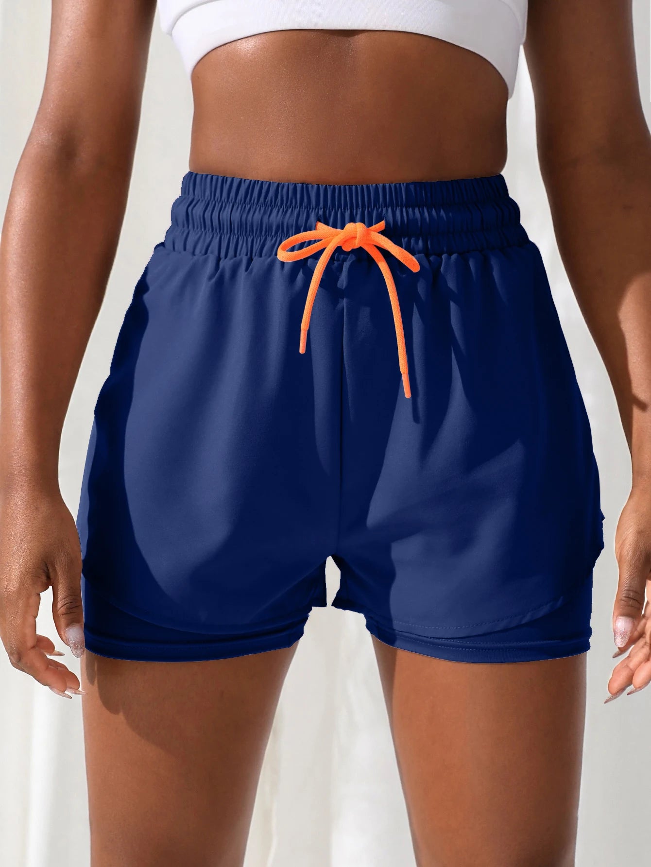 Women’s High Rise Elastic Waist Yoga and Running Shorts Fake Two-Piece Design