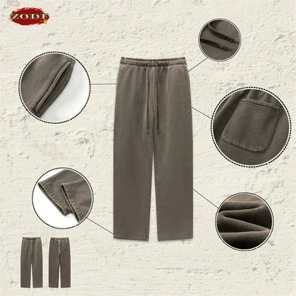 ZODF Retro 2025 Winter Washed Fleece Straight Pants For Men Unisex Loose 360gsm Knitted Warm Soft Trousers Brand Clothes HY0869