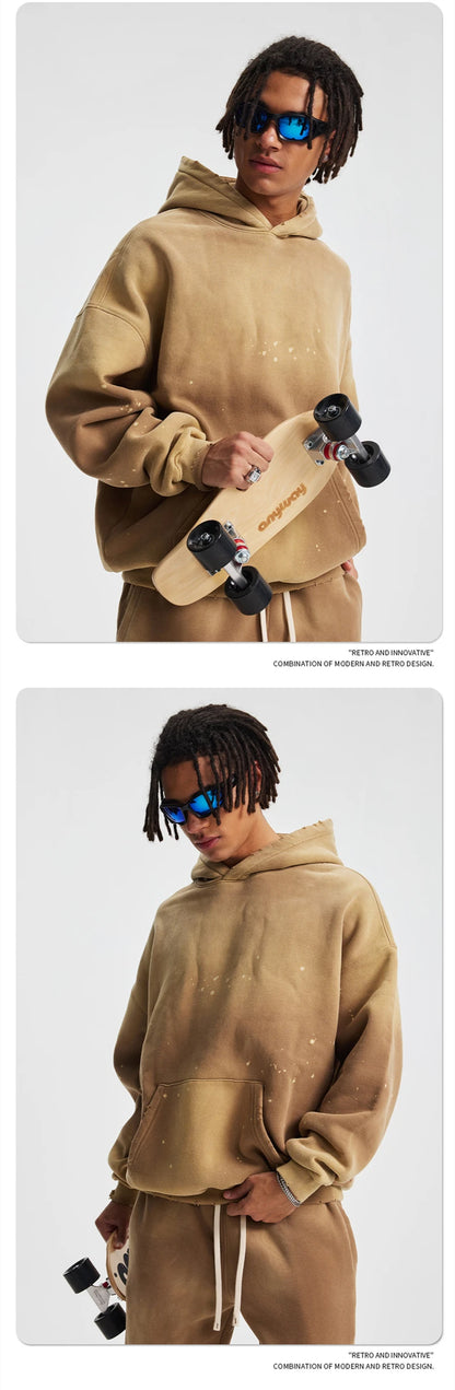 ZODF Trendy Men Washed 360gsm Fleece Hoodies Unisex Oversized Warm Paint Distressed Hooded Pullovers Winter Coat HY0947